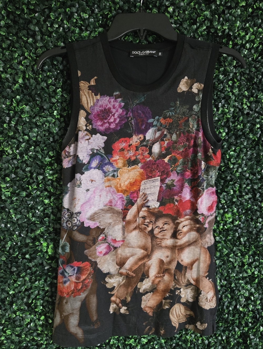 Dolce & Gabbana Black Multicolor Floral Cherub Sleeveless Top Silk 38